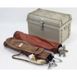 A light grey painted tin travelling trunk, 26¼” wide; together with eleven golf clubs & two golf