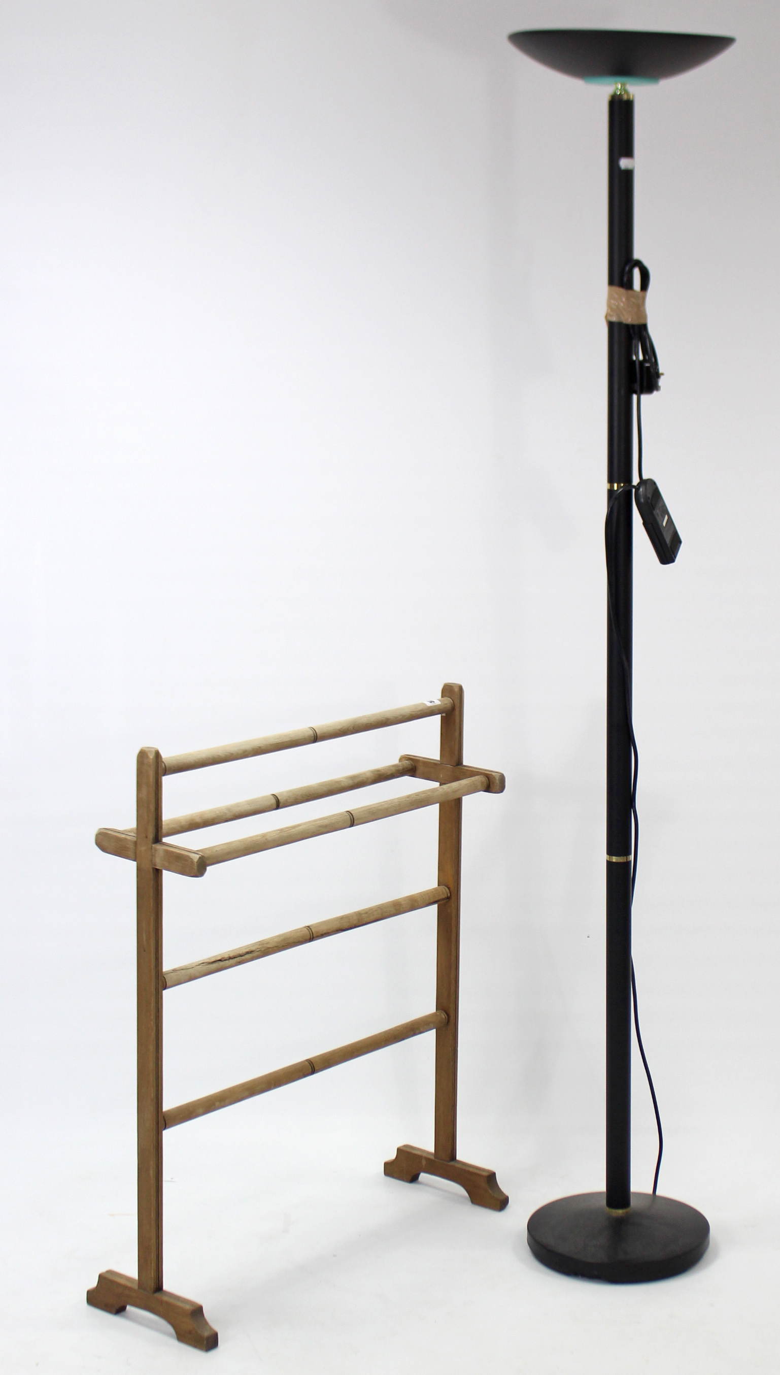 A beech towel horse, 26¼” wide; & a black-finish standard uplighter.