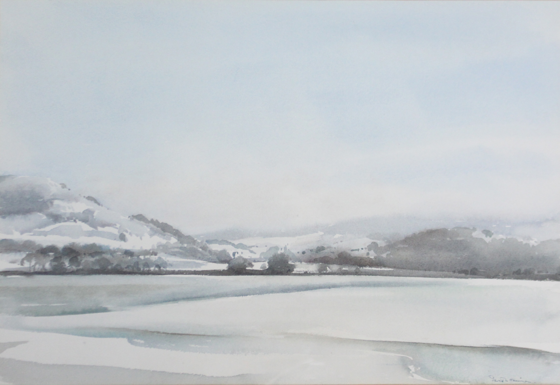 A large watercolour painting by David O.P.M. Harrison titled to reverse “Snow on Windermere in