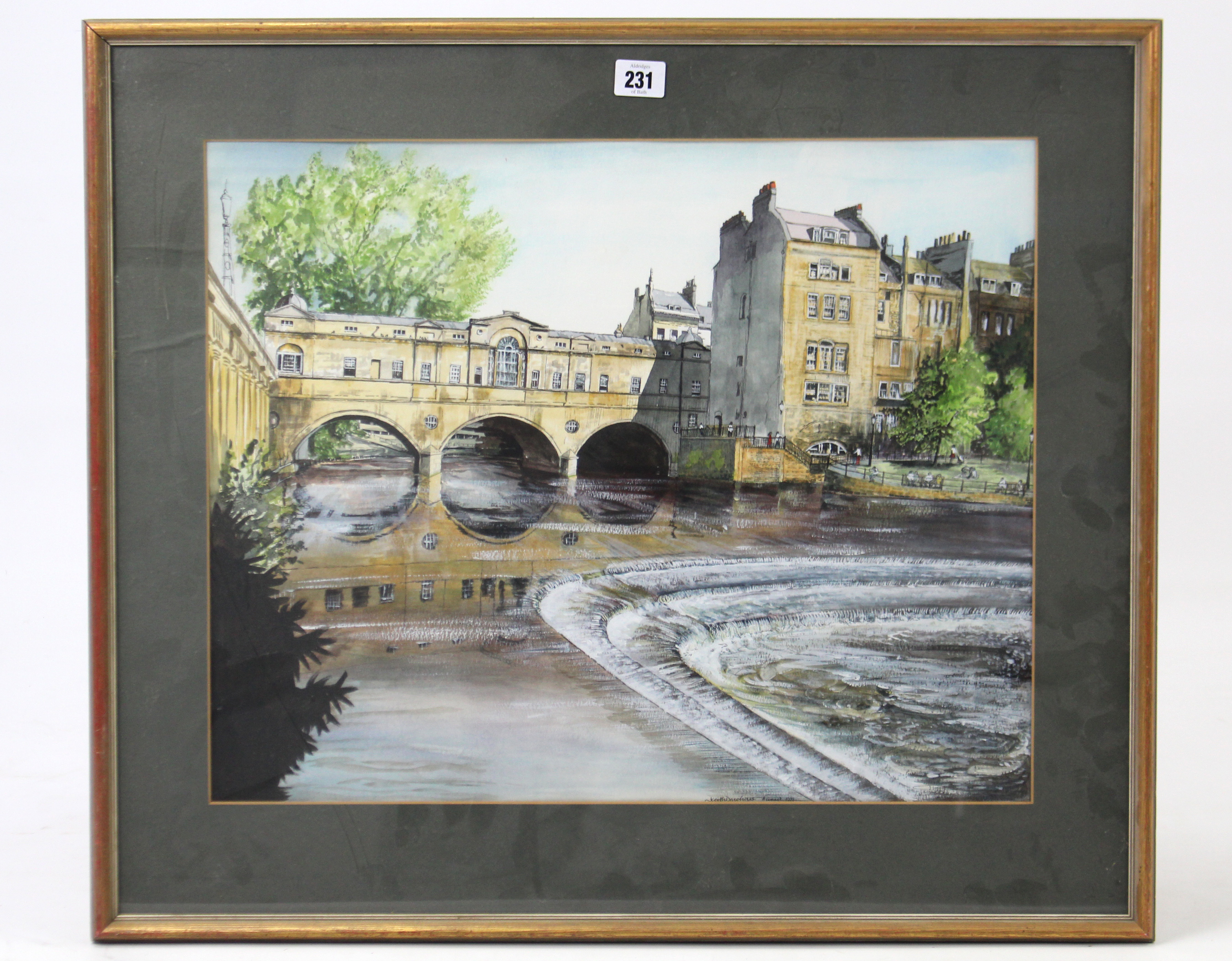 A large watercolour painting by Keith Duchars titled to reverse “Pulteney Bridge And Weir”, signed & - Image 2 of 3