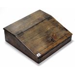 A late 17th century elm Bible box with sloping hinged lid; 18½” wide x 17½” deep.