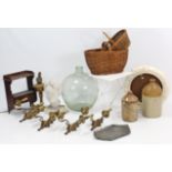 Various brass light fittings; a glass carboy; two stoneware flagons; & sundry other items, part w.