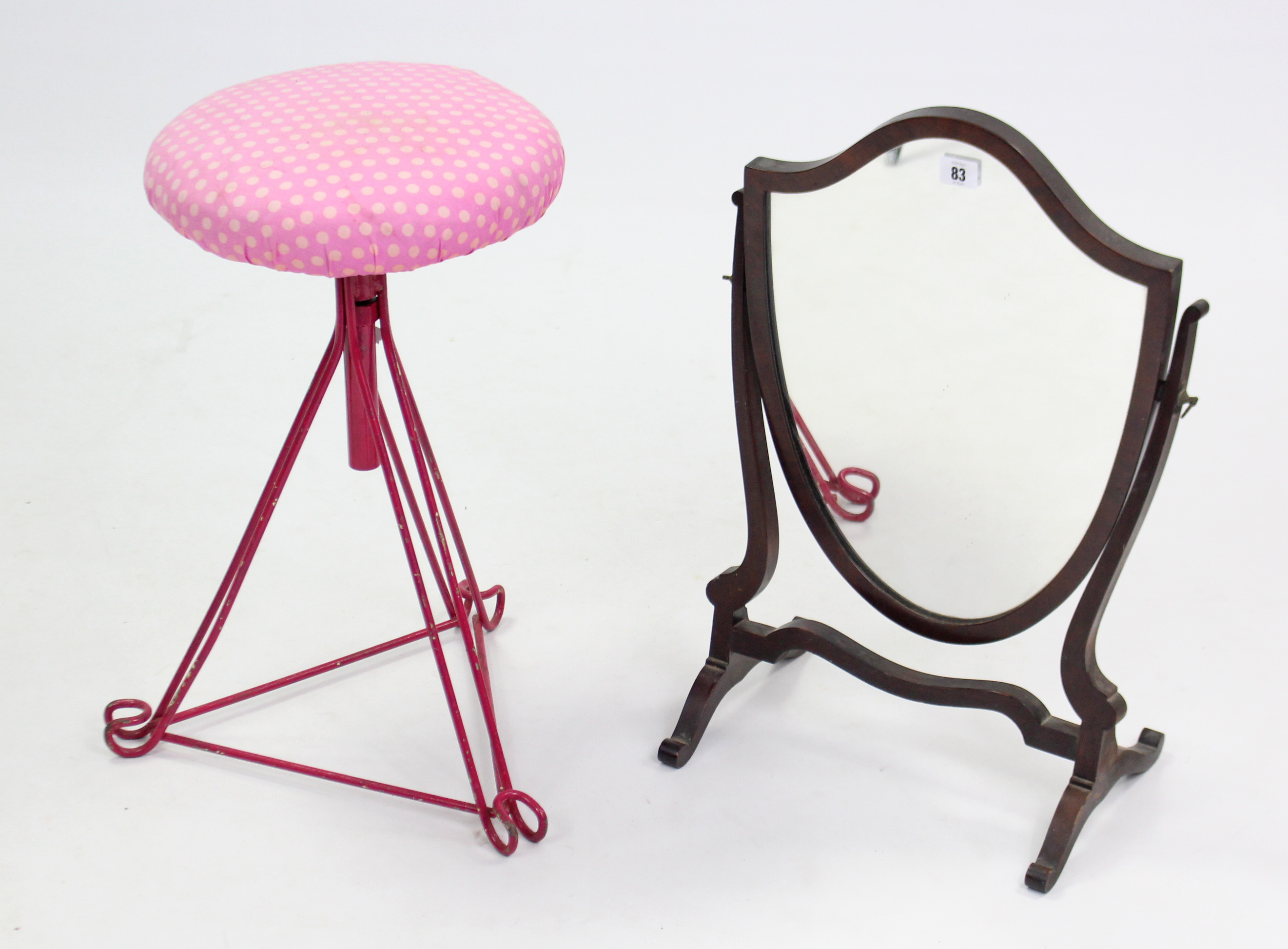 A retro-style painted wrought-iron stool with padded circular revolving seat, 21” high; & a mahogany