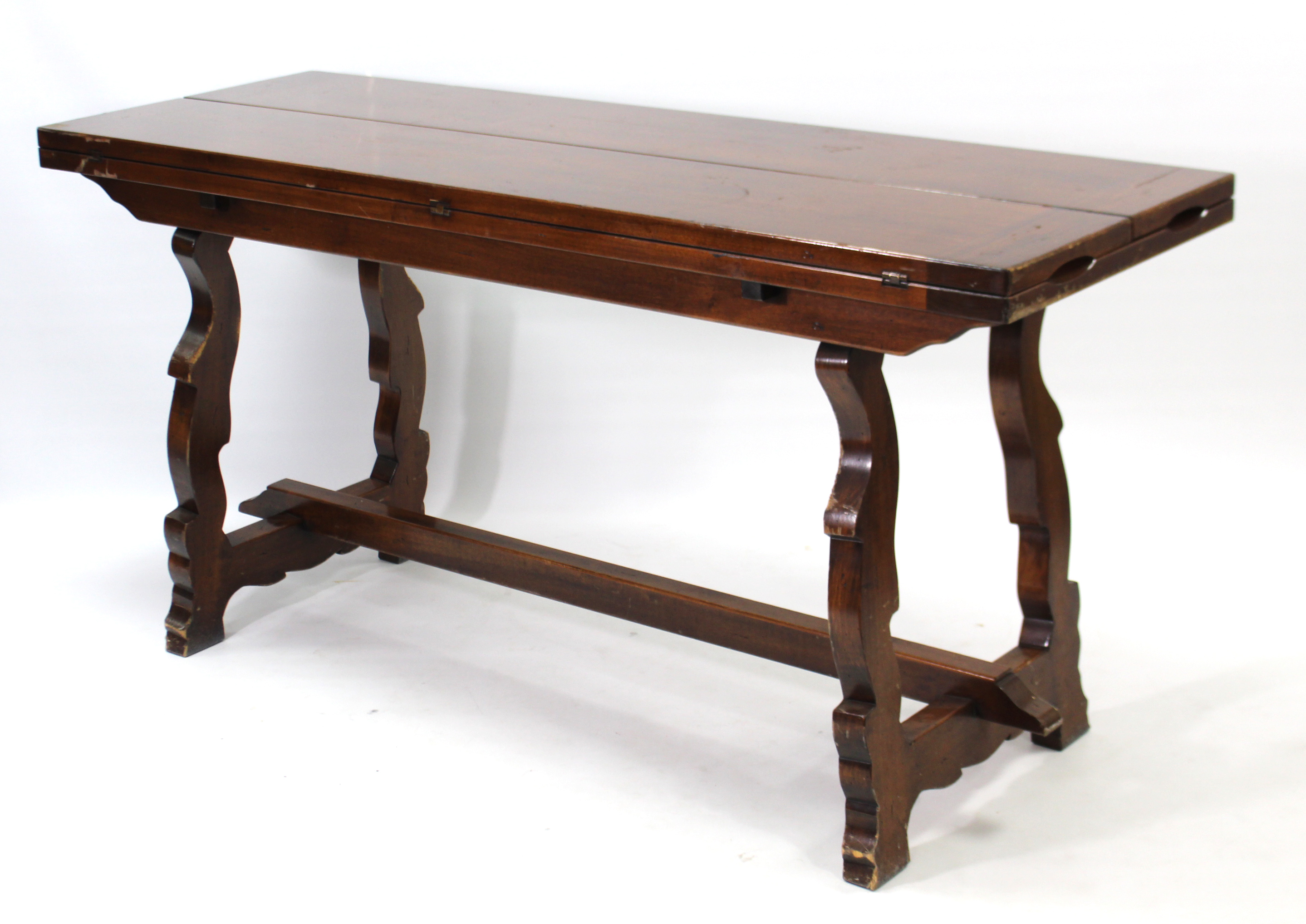A mahogany finish dining table with rectangular fold-over top, & on shaped end supports joined by - Image 4 of 4