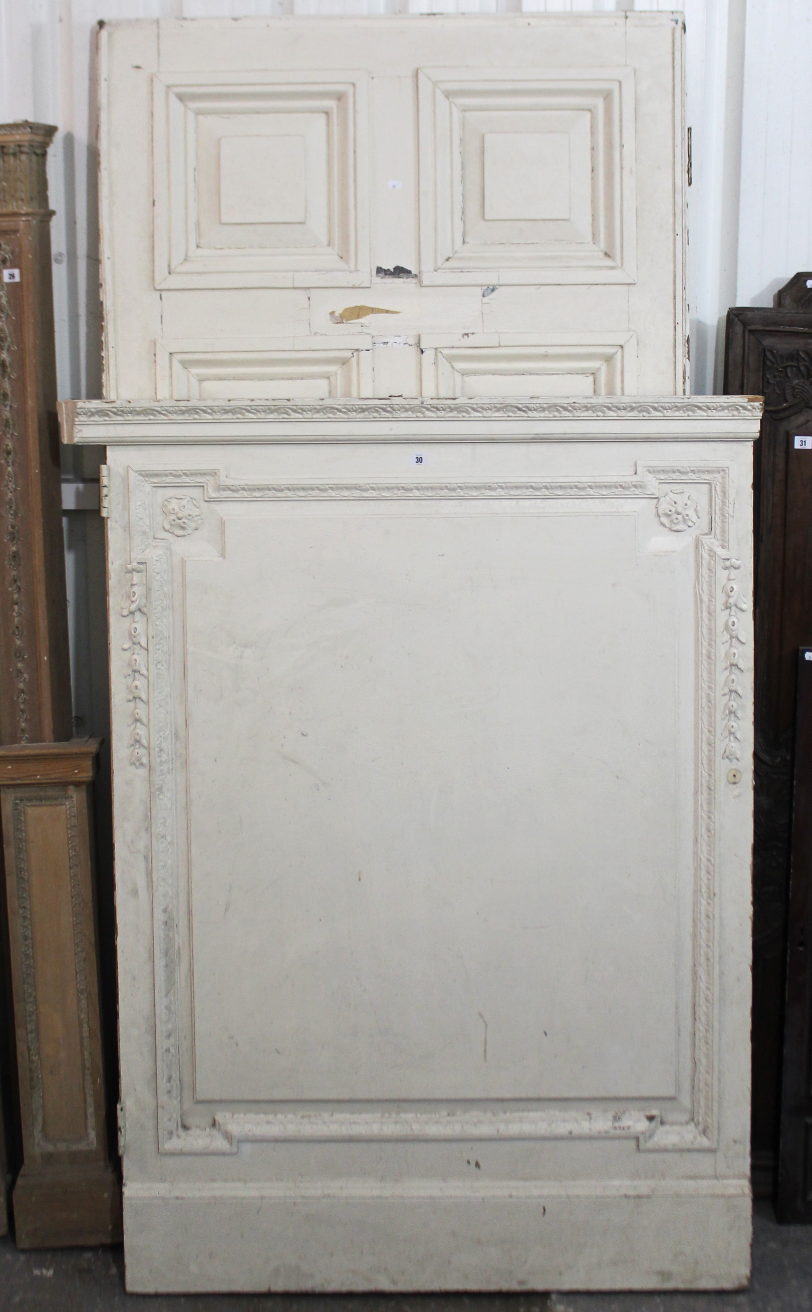 A large white painted & carved wooden cartouche board, 47” wide x 62” high; & a large white
