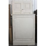 A large white painted & carved wooden cartouche board, 47” wide x 62” high; & a large white