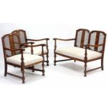 A continental-style beech frame three seater lounge suite comprising a two-seater settee inset woven