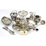 A silver-plated three-piece tea service; a similar rectangular tea tray; a pair of plated fish