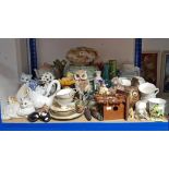 Three mottled-glass ceiling light shades; & various items of decorative china, pottery, glassware,