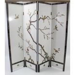 A Chinese white lacquered four-fold draught screen with applied bird & foliate design, 72” high.