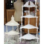 A Victorian white painted wooden four-tier corner whatnot with turned supports, 51” high; & a