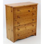 A pine chest fitted five long drawers with turned knob handles, & on shaped plinth base, 32” wide