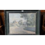 An oil painting on canvas of a street scene, 16” x 20”, unsigned, framed; a small wall