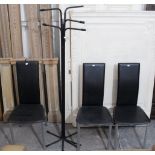 A set of three black vinyl & silvered-metal frame dining chairs; & a black-finish hat & coat stand.