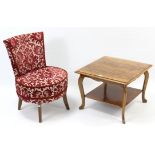A walnut square two-tier low coffee table on slender cabriole legs, 23” wide; together with a