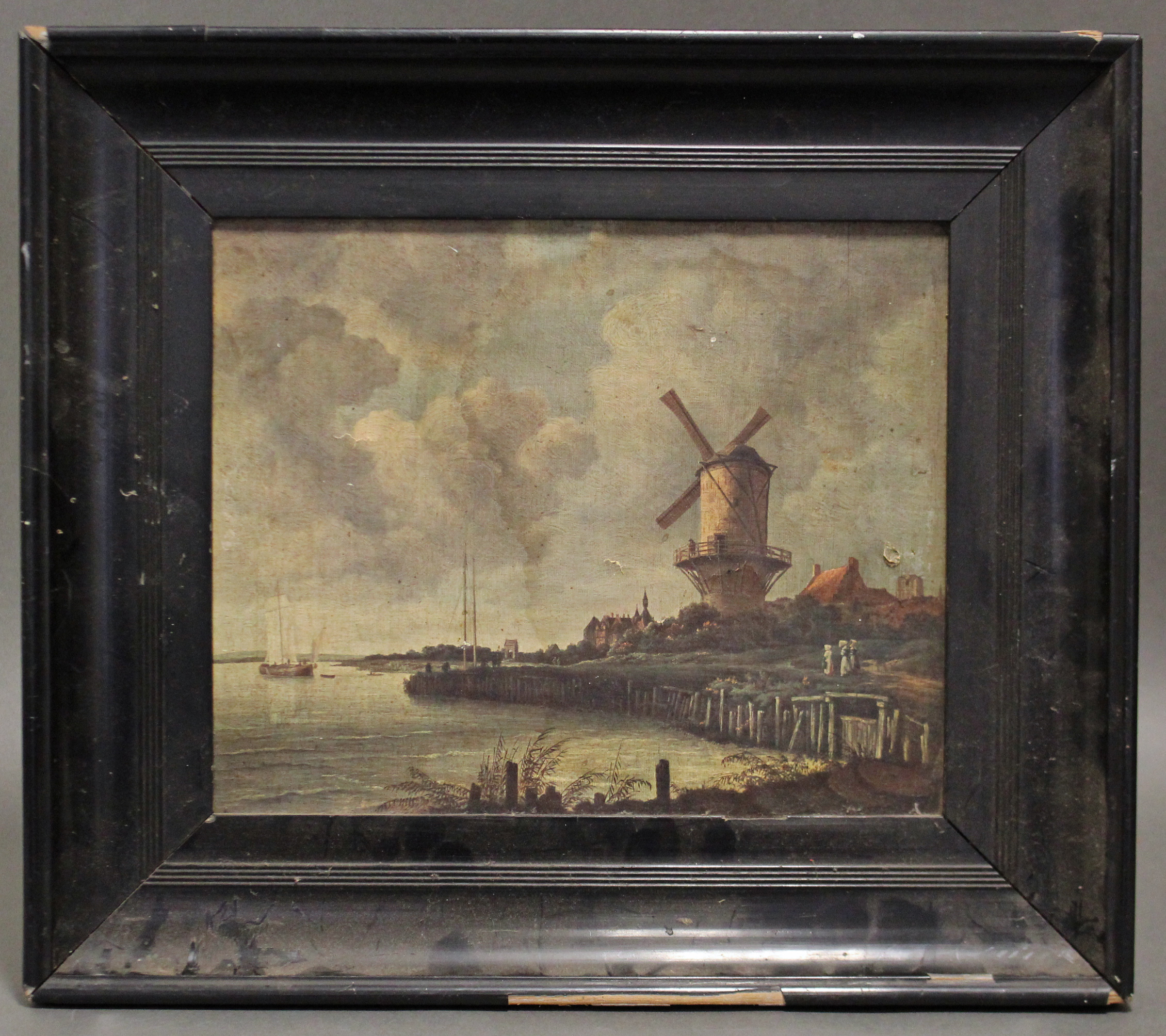 An overpainted print in oils after Jacob Van Ruisdael (1628-1682), titled: “The Mill at Wyk”. Canvas