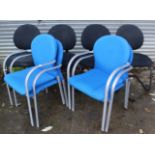 A set of four silvered-metal frame office chairs, with padded seats & backs upholstered blue