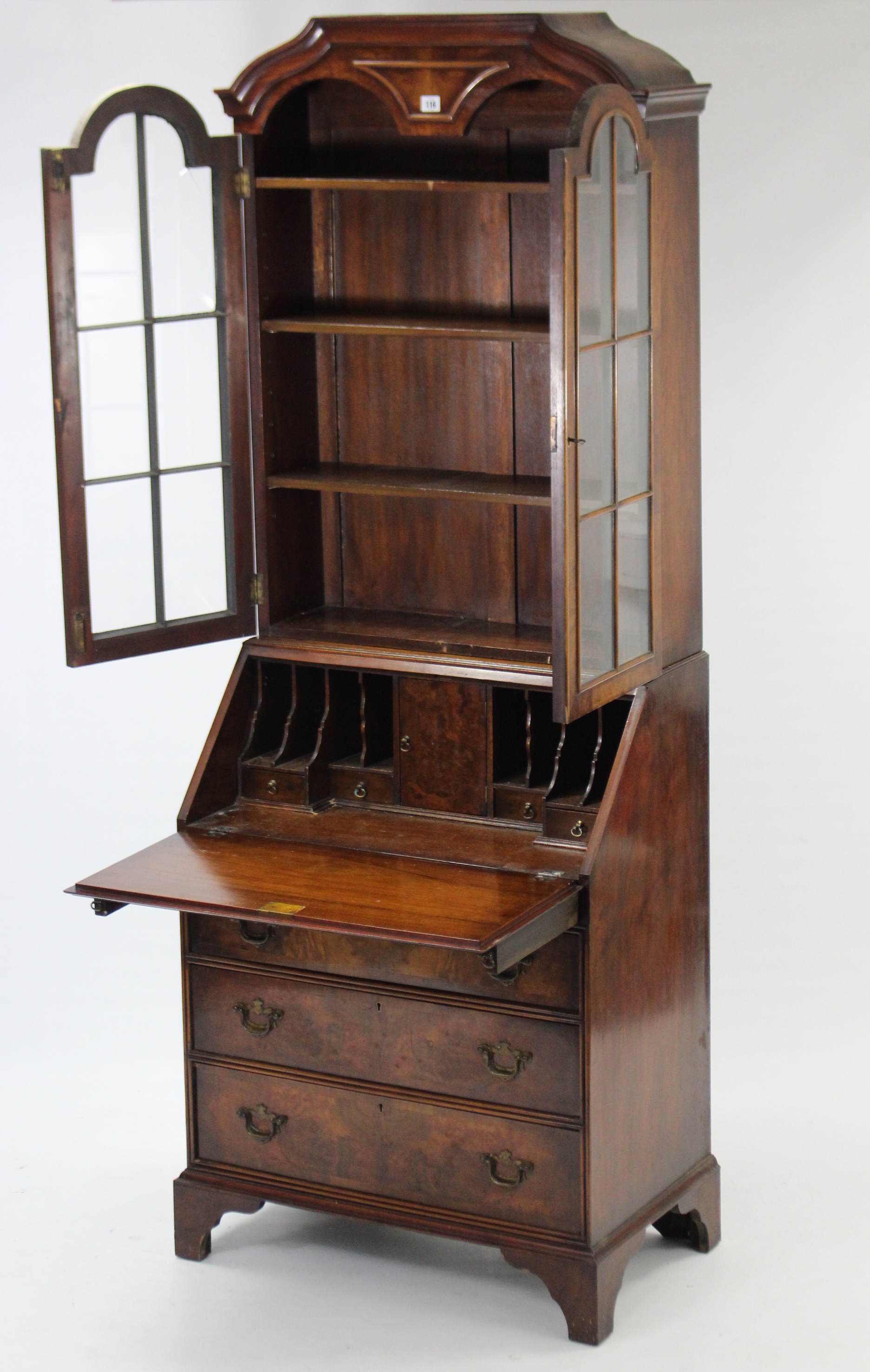 A Queen Anne-style walnut bureau-bookcase, the upper part with three adjustable shelves enclosed - Image 2 of 3