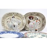 Eight various Victorian oval meat plates; a Staffordshire pottery flat-back equestrian figure; & a