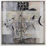 A large abstract collage depicting two fish, 47½” x 47¼”, in glazed frame.