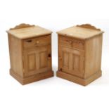 A pair of pine bedside cabinets each fitted frieze drawer above cupboard enclosed by panel door,