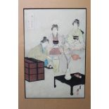 A Japanese coloured woodcut depicting a figure scene, 12½” x 8½”; together with a glass five-