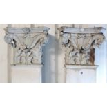 A pair of white painted wooden & plaster Corinthian-style tall columns; 84” high; another pair of
