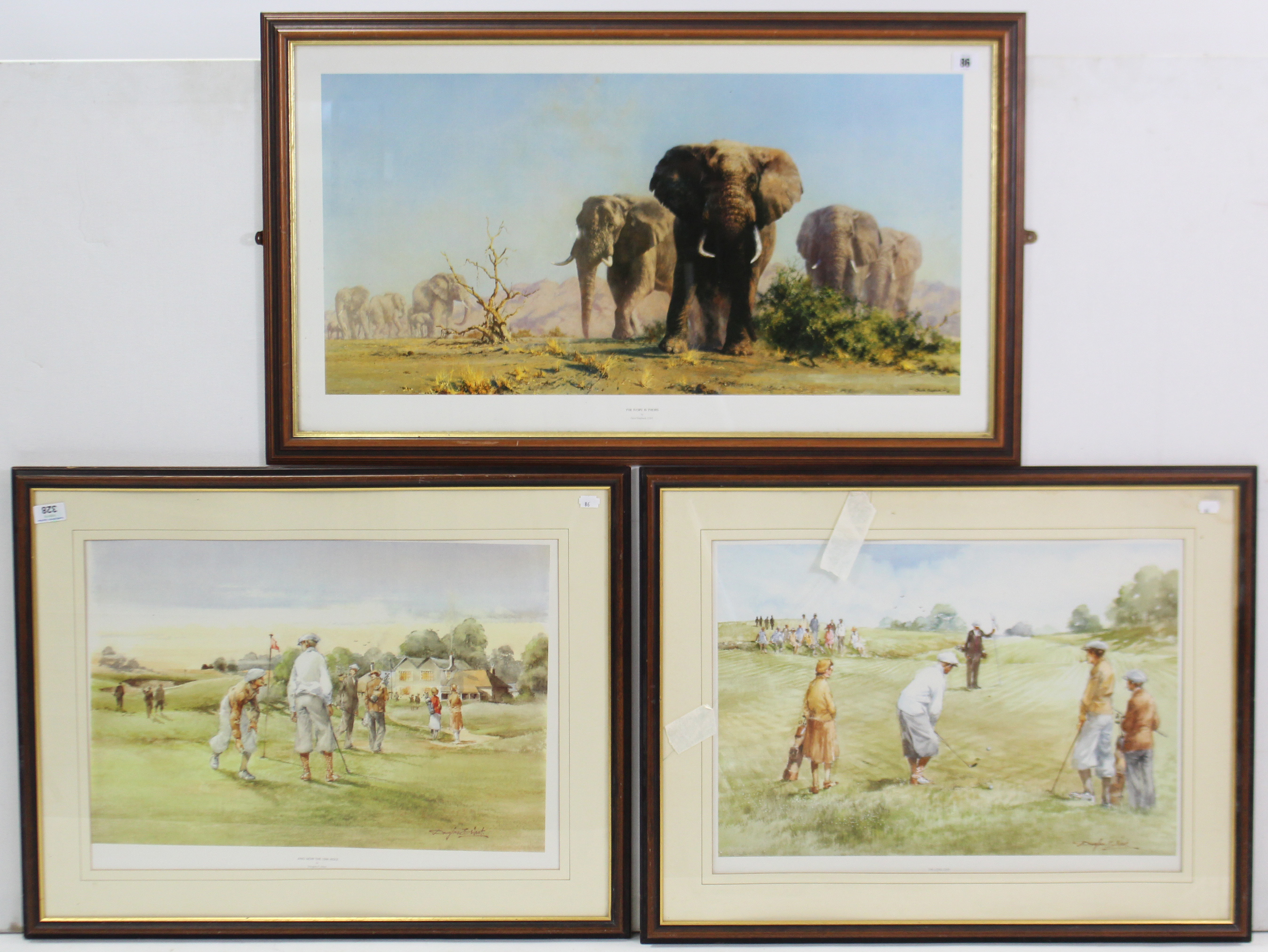 A large coloured print after David Shepherd titled “The Ivory Is Theirs”, 18” x 32½”; & a pair of