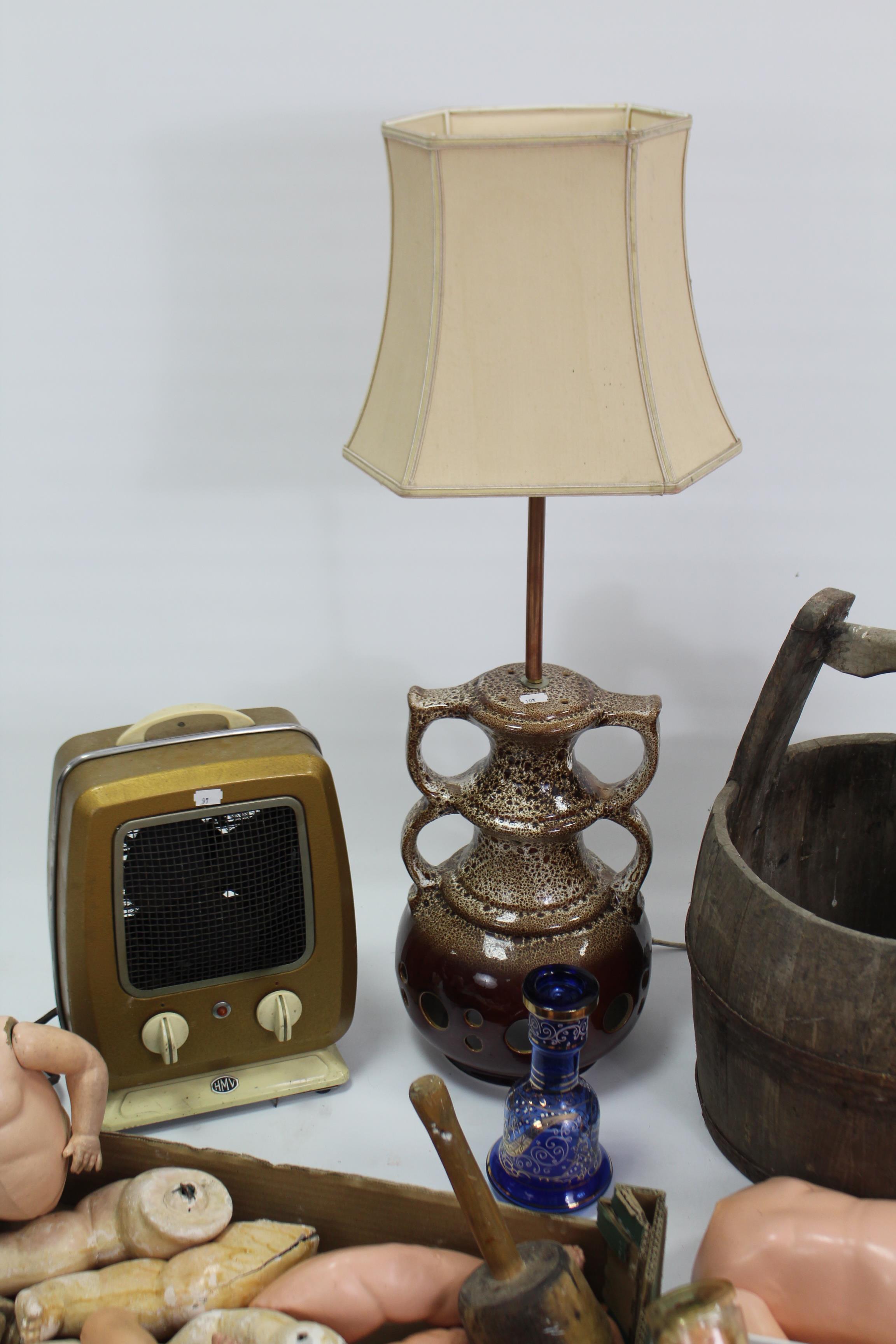 An iron-bound wooden well bucket, 20½” high; a Turkish pipe; three brass light fittings; & sundry - Image 4 of 6