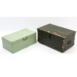 A painted & iron-bound deal tool chest, 26” wide; & a painted wooden storage box, 24” wide.