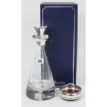 A Broadway glass mallet-shaped decanter with silver mounts, 12½” high, boxed; & a small silver