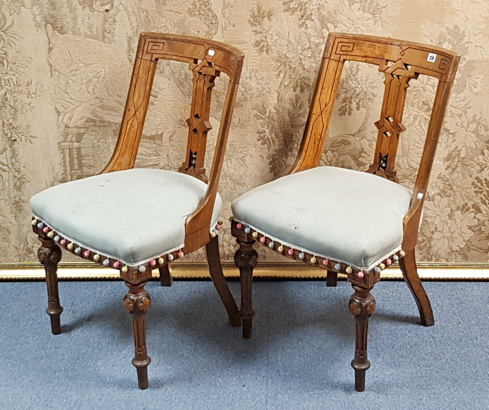 A set of six late Victorian carved oak Athenian-style dining chairs with pierced splat backs, padded - Image 3 of 3