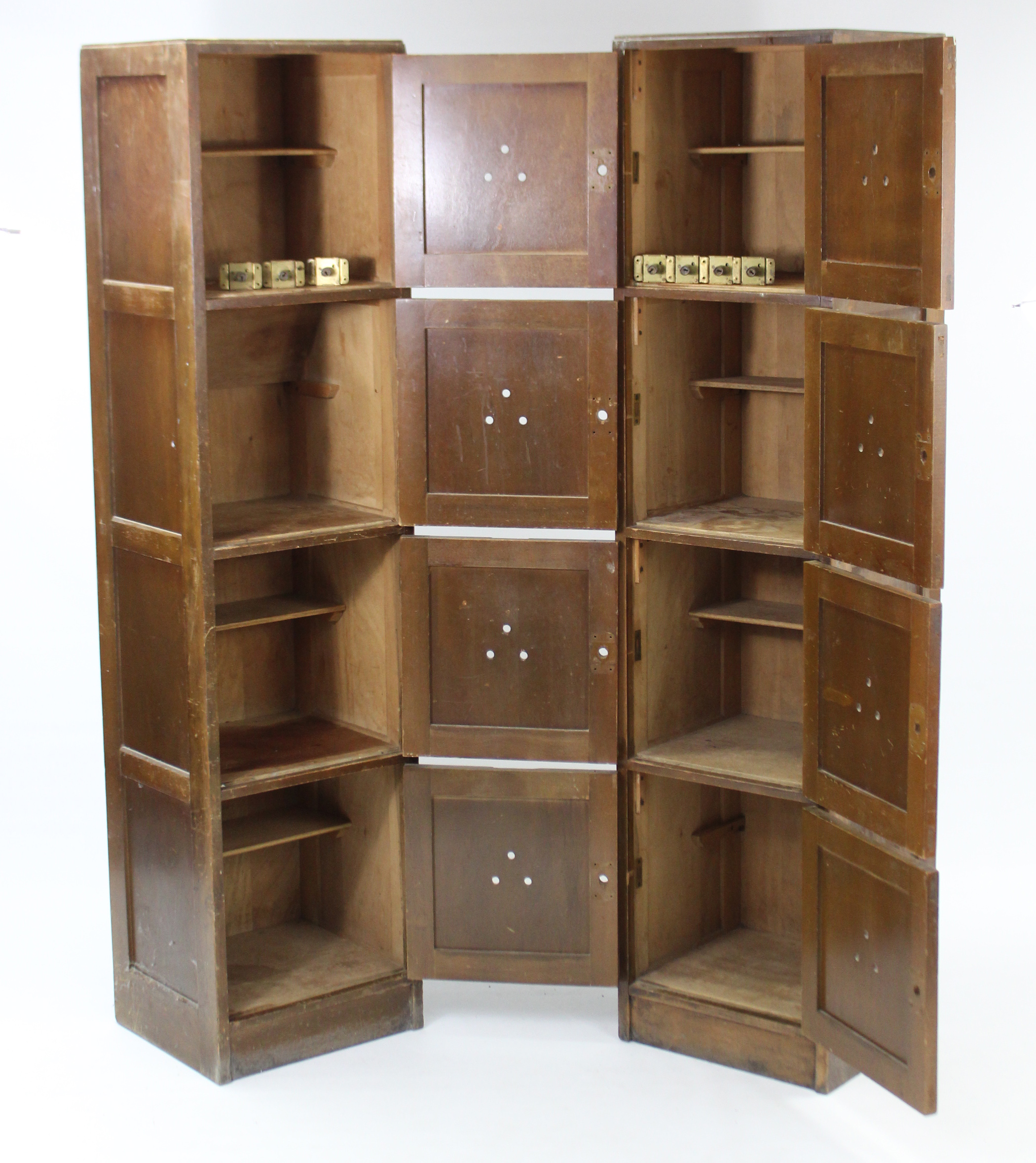 A pair of plywood tall lockers, each enclosed by four panel doors, 15¾” wide x 64¾” high. - Image 2 of 3