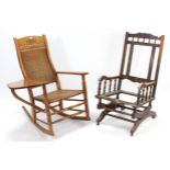 A late Victorian beech rocking chair, inset woven-cane panel to the seat & back, & on turned