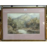 A large watercolour painting of a highland landscape with stream to the foreground & with