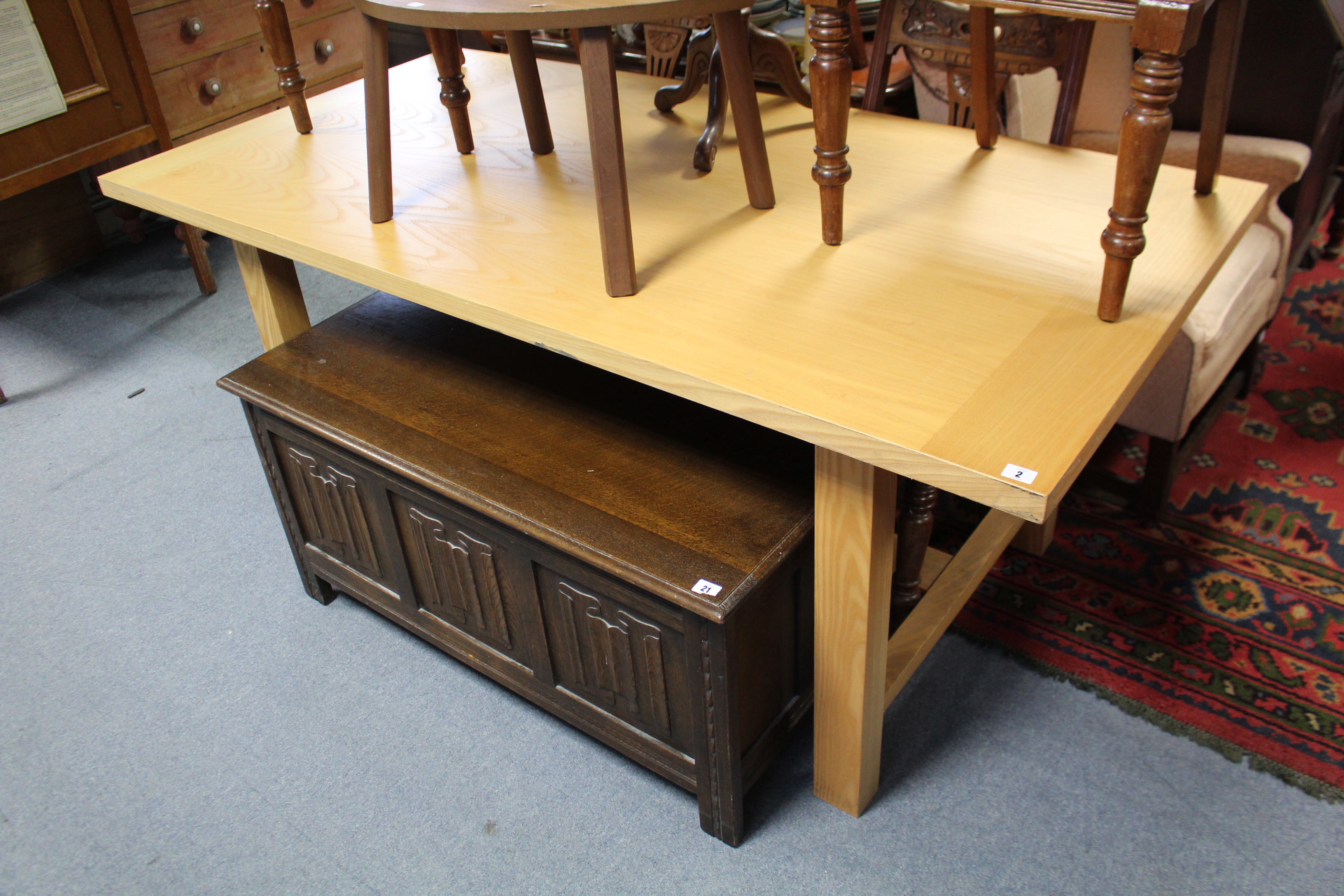 A pine kitchen table with rectangular top, & on square legs with plain stretchers, 71” x 35½”. - Image 2 of 2