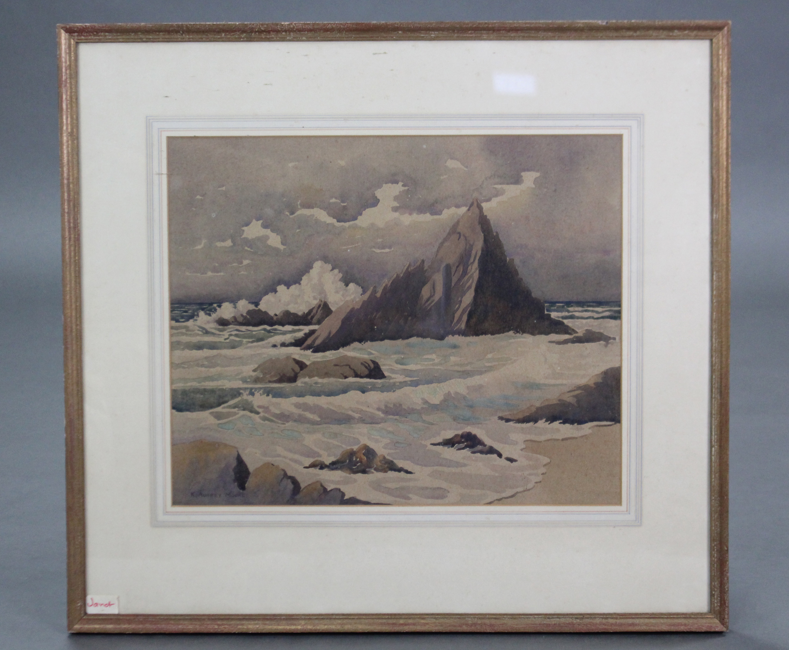 K. AUBREY MOORE (British, 20th century). A rocky outcrop in rough seas, possibly Cornwall. Signed - Image 2 of 3