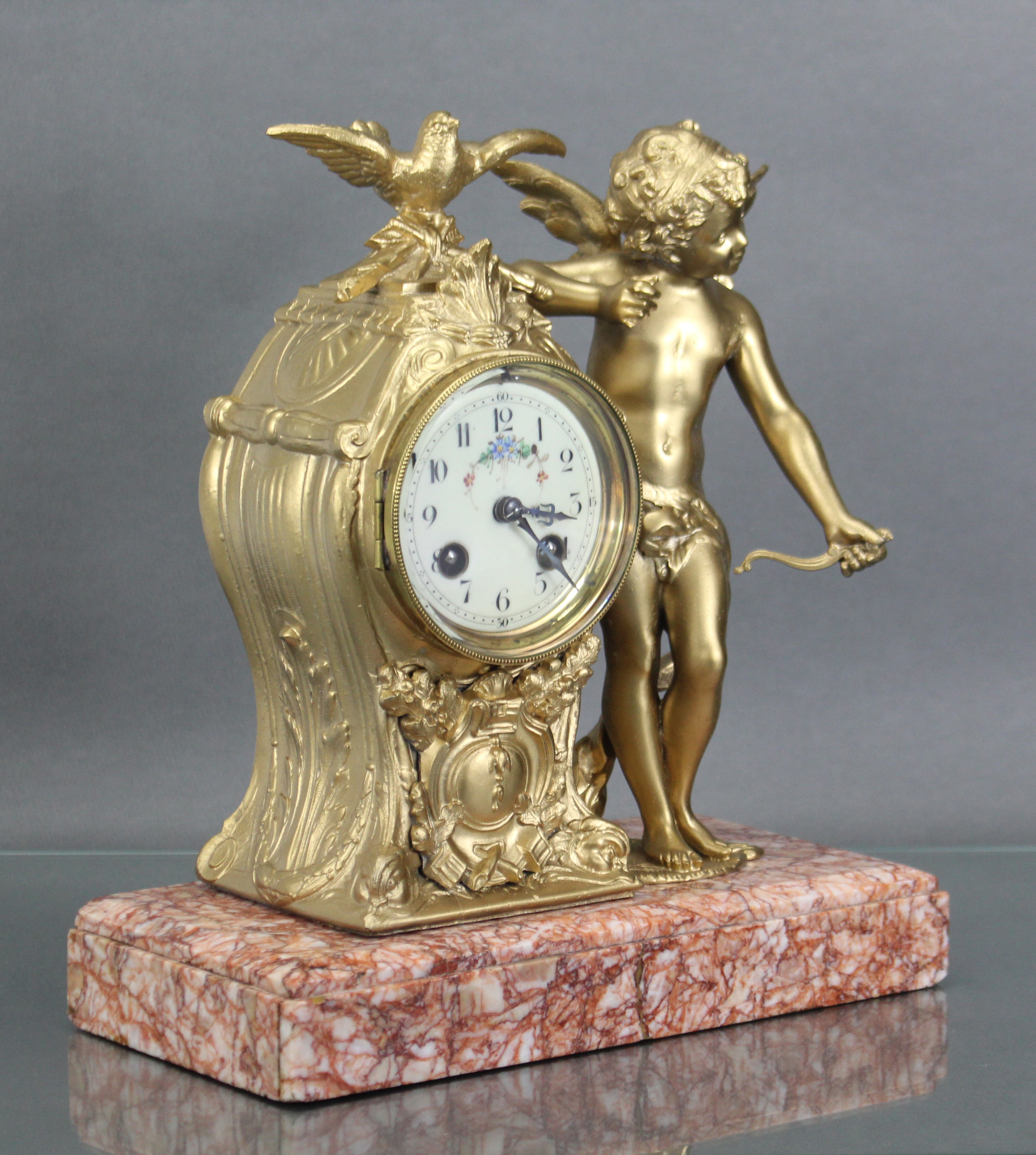 A 19th century French figural mantel clock, the 3” enamel dial with floral decoration & arabic - Image 2 of 4