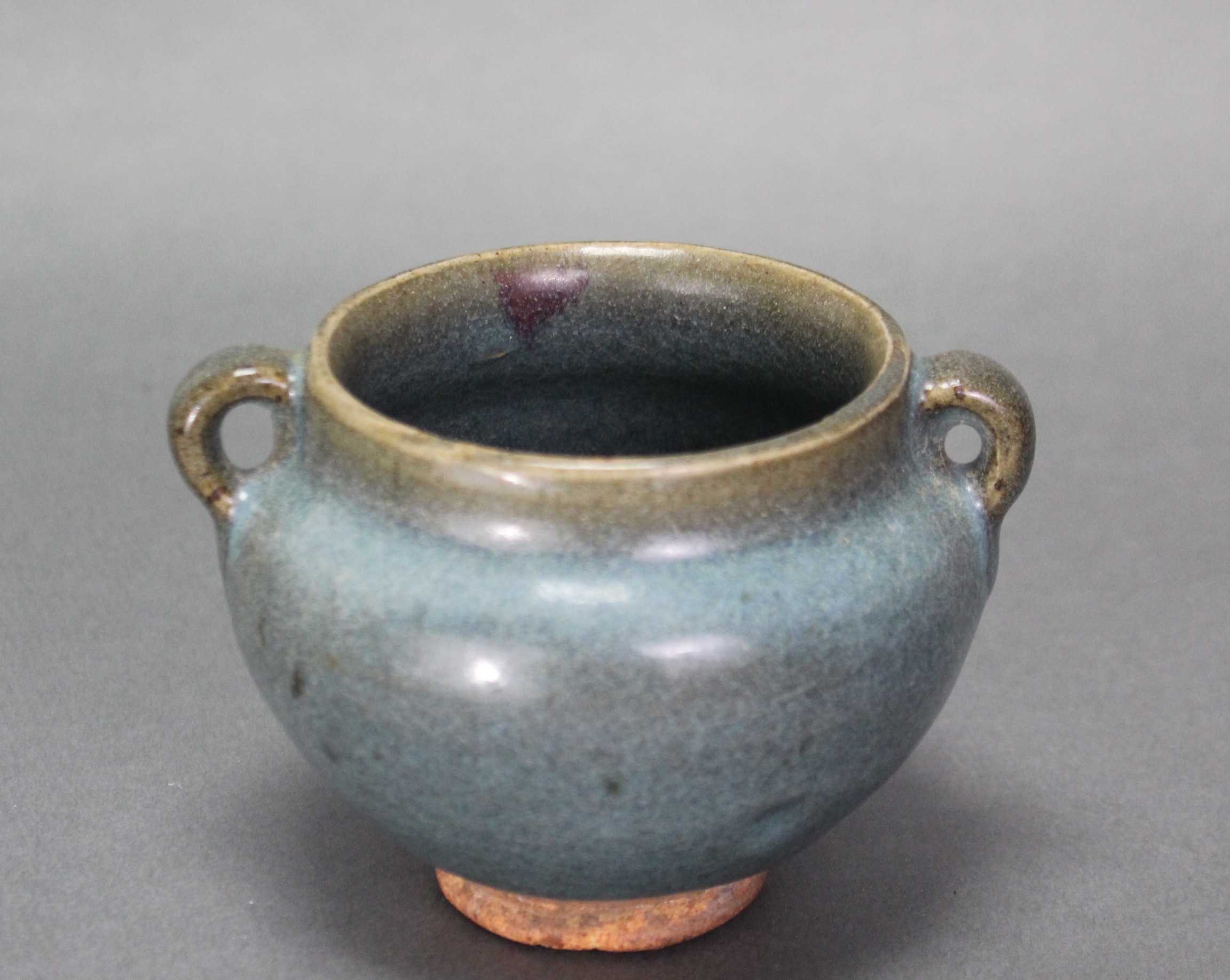 A Chinese Junyao-type pottery jarlet of compressed round form with small ring side-handles, a purple - Image 3 of 5