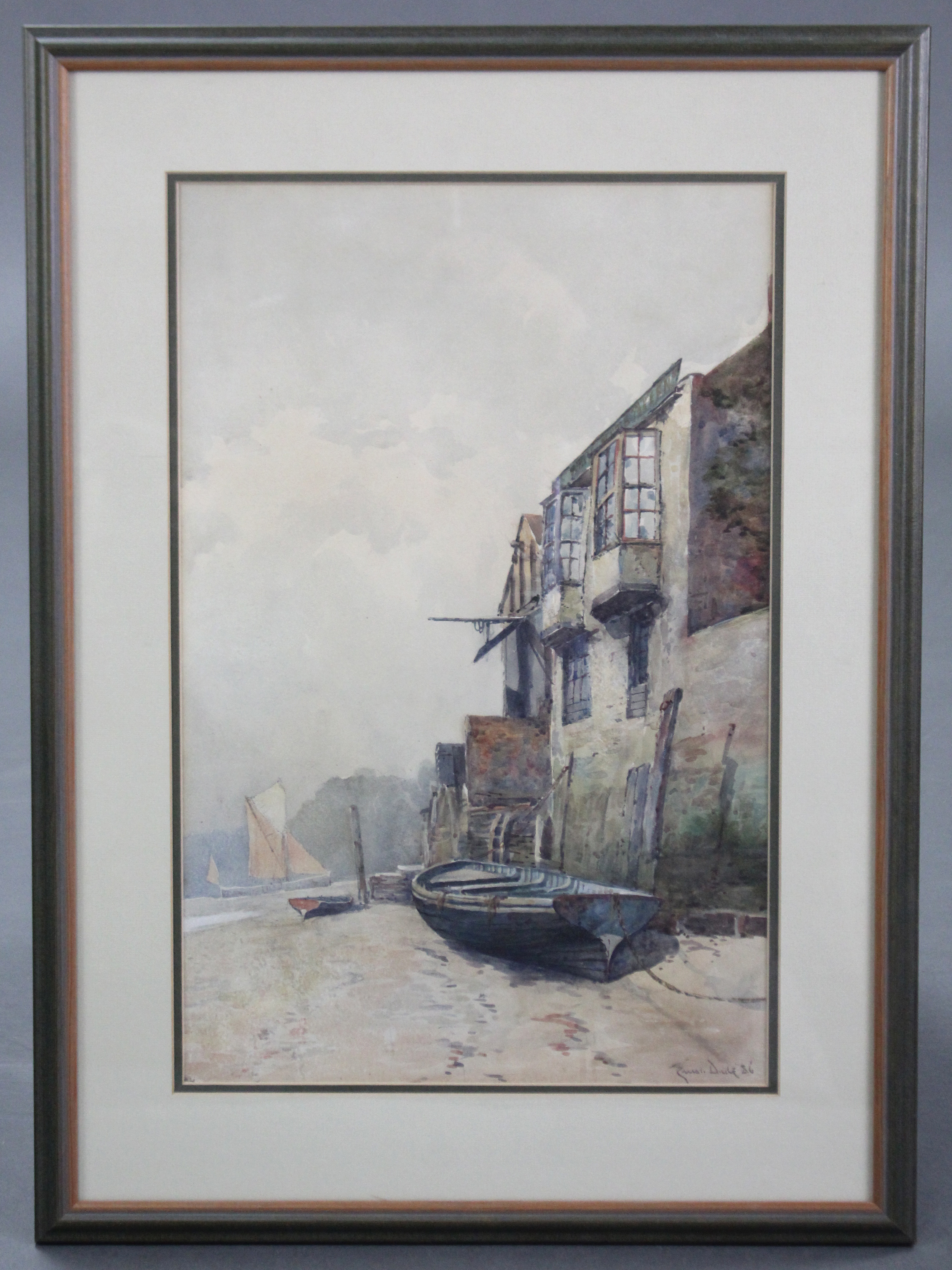 ERNEST DADE (1868-1936). Beached fishing vessels beside a row of buildings. Signed & dated ’86 lower - Image 3 of 3