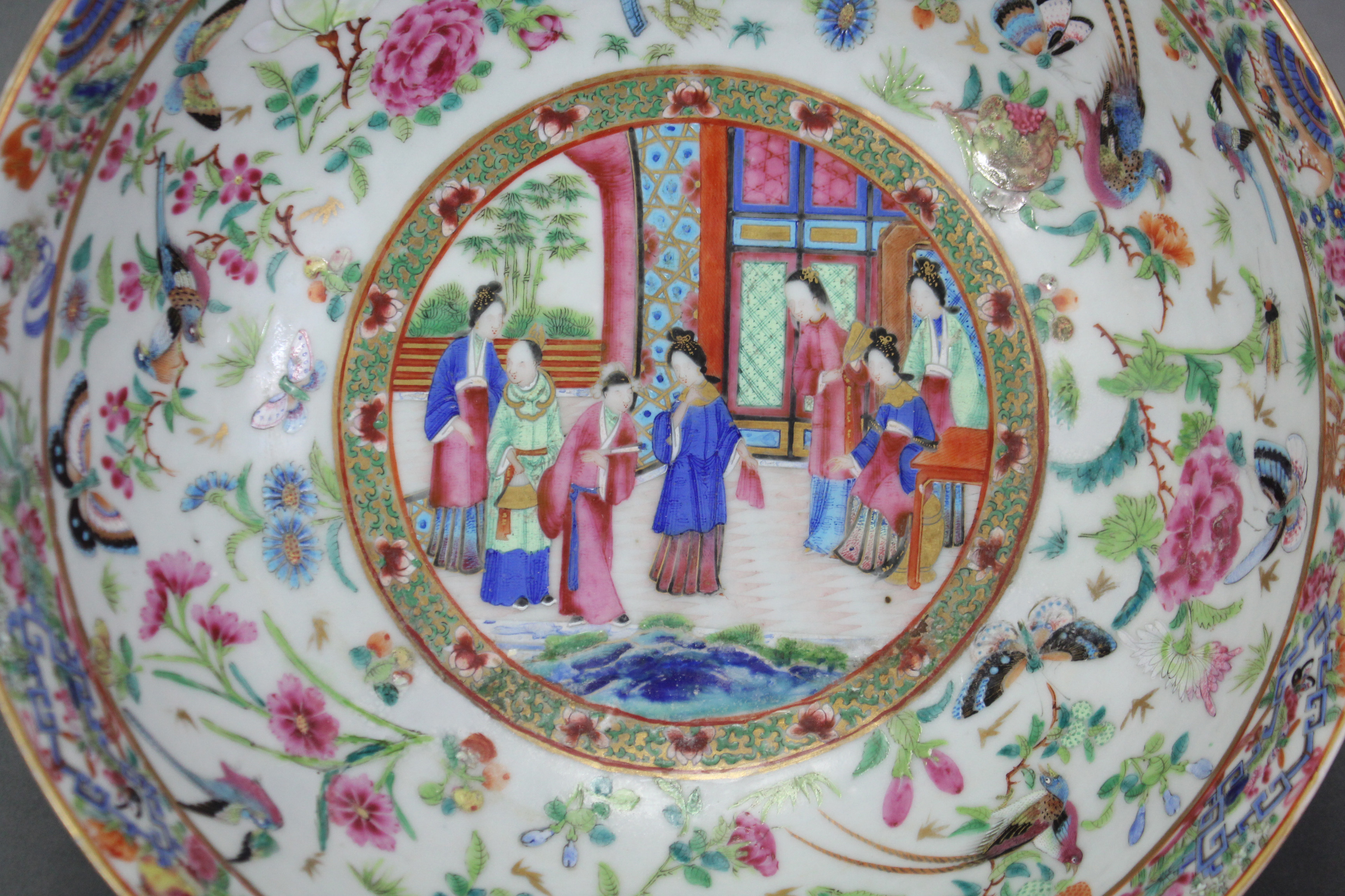 A 19th century Cantonese porcelain punch bowl, of celadon ground & with all-over famille rose - Image 2 of 7