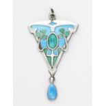 An Art Nouveau silver & enamel pendant of triangular form, with tear-drop below, 1½” high, (un-