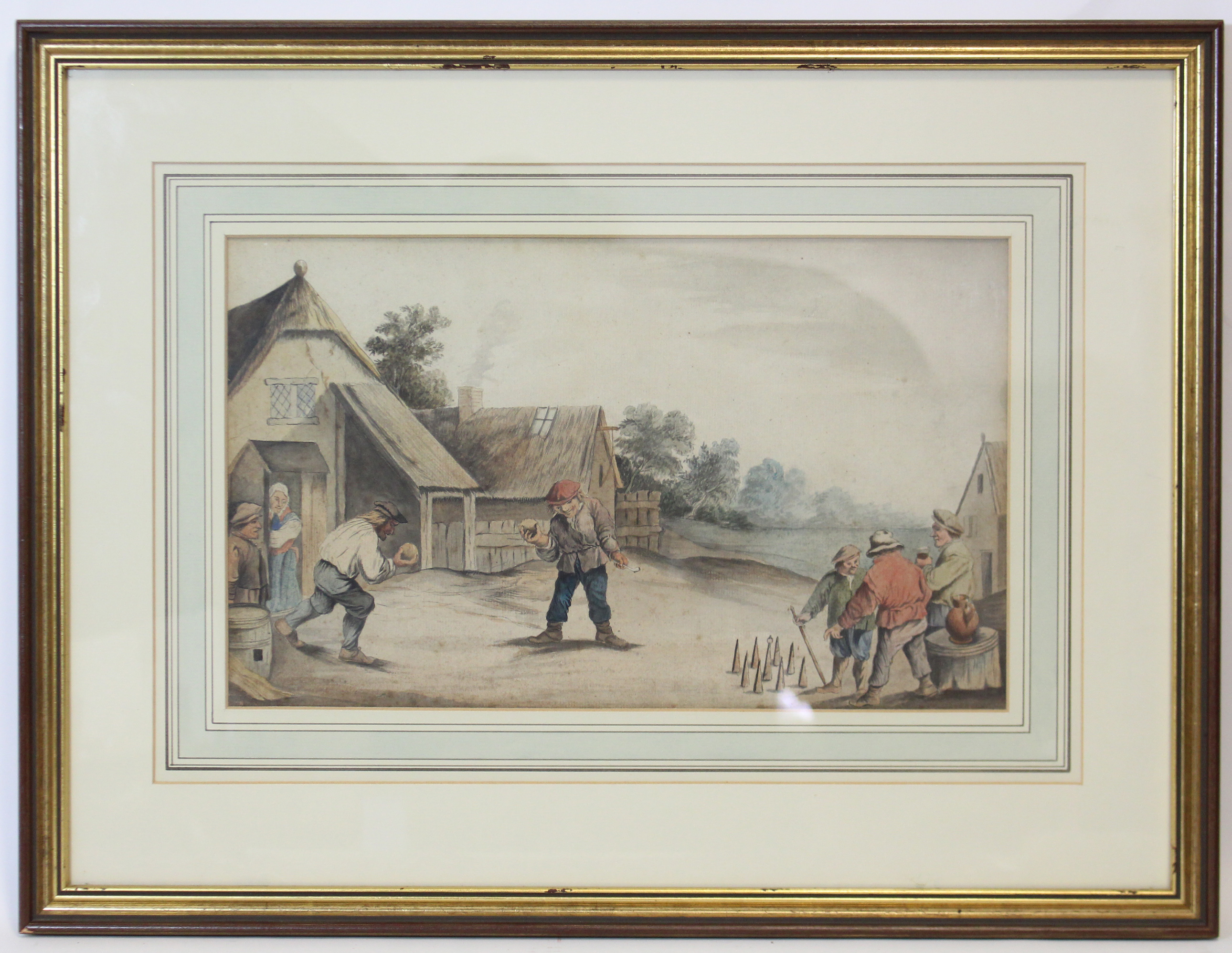 After TENIERS, 19th century. Figures playing Skittles in a yard. Watercolour; 8¾” x 14½”.