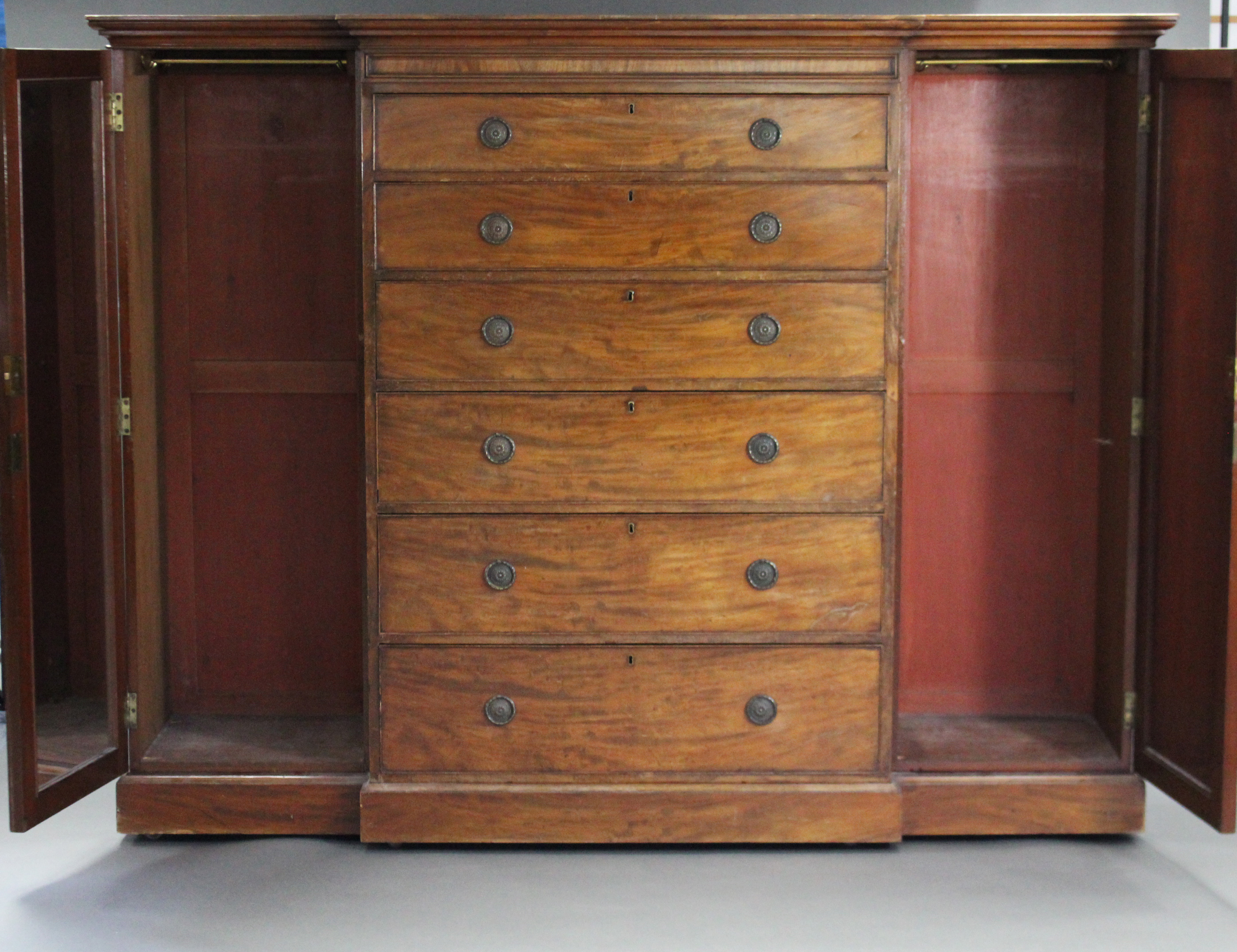 An early Victorian break-front three-section wardrobe, with moulded cornice, the central section - Image 2 of 2