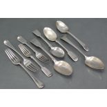 A George III silver Old English table spoon, a ditto dessert spoon (w.a.f.), a pair of ditto table