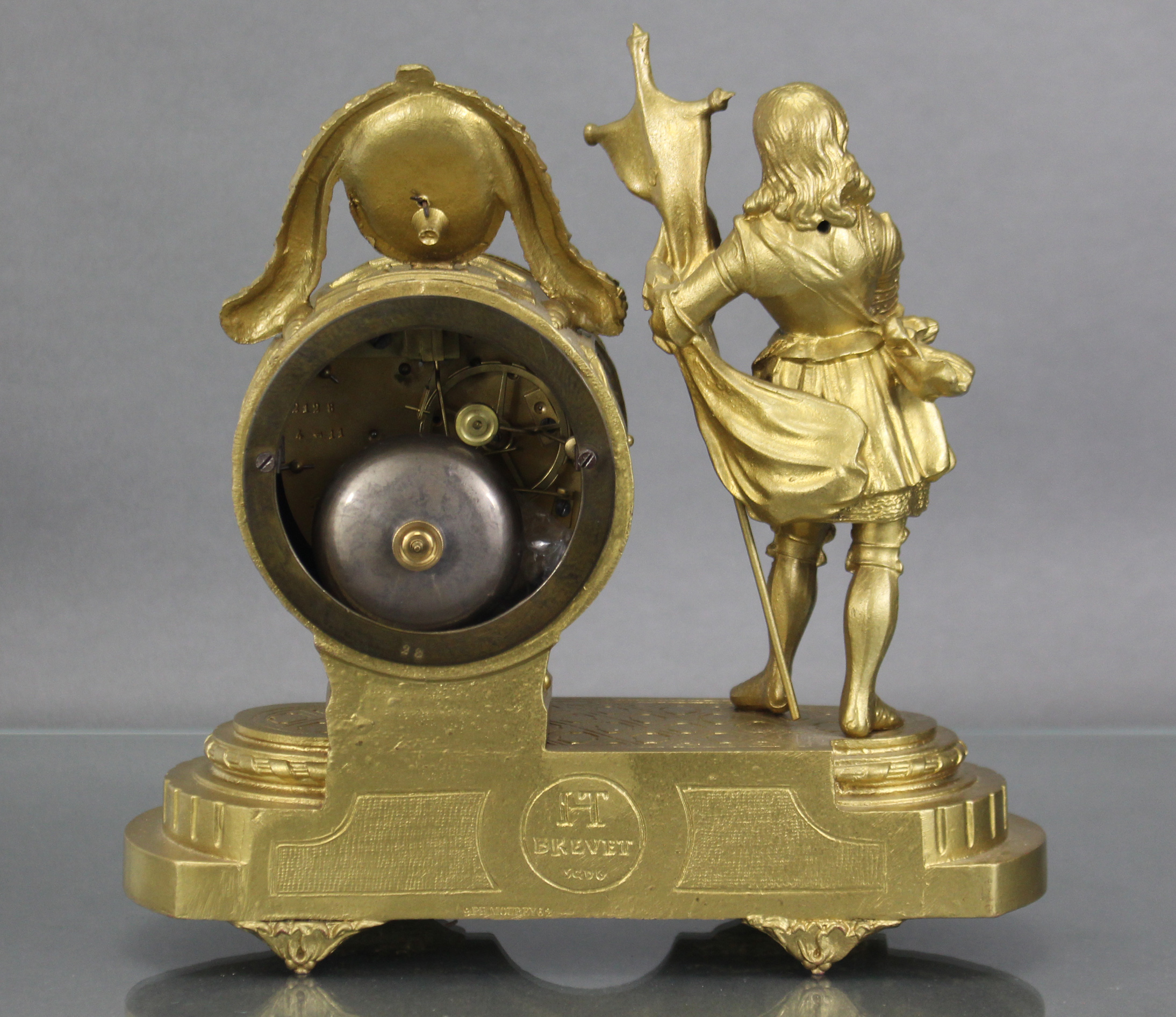 A 19th century French figural mantel clock by Brevet, the 3” green enamel dial with floral - Image 3 of 3