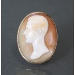 A Victorian carved shell oval cameo brooch depicting a male bust in profile, in plain gold mount; 2”