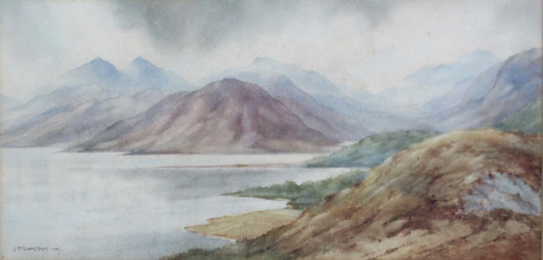 J. McQUEEN MOYES (early 20th century). A highland scene with lake to the fore, mountains beyond.