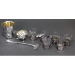 A set of six Dutch liqueur glass holders (with odd glass liners); a sterling serving fork; an