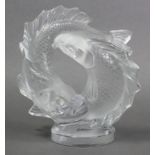 A LALIQUE “DEUX POISSONS” FROSTED & CLEAR GLASS SCULPTURE, the two leaping fish forming a circle,